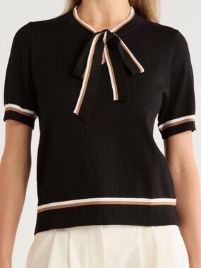 Adrianna Papell Black Short-Sleeve Knit Top with Bow and Trim